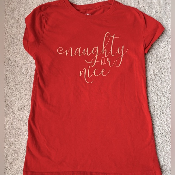 🎆🎇3for$9 Naughty or Nice? Women’s red holiday short-sleeve t shirt. gold text - Picture 1 of 3